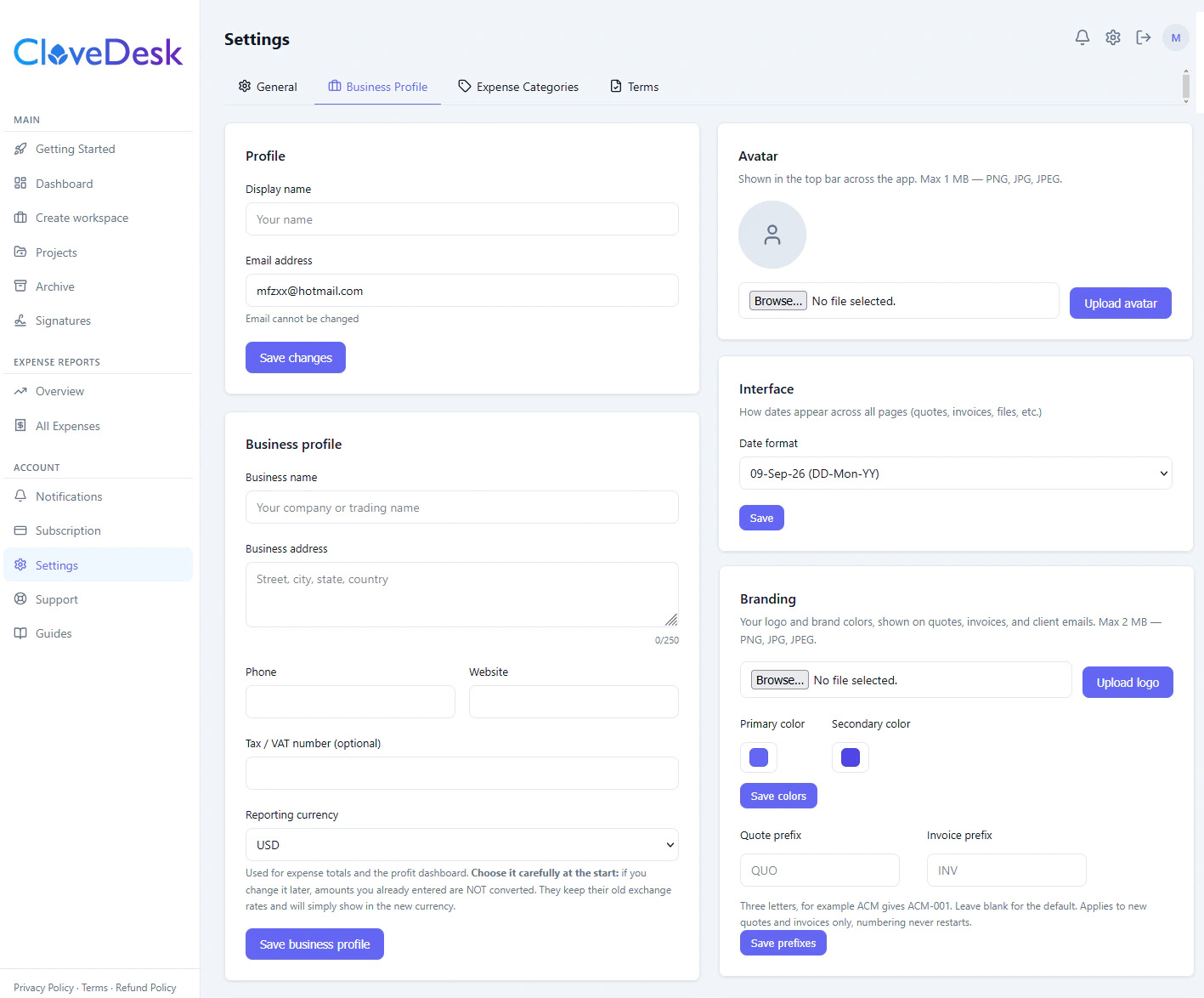 Business Profile Settings of client portal