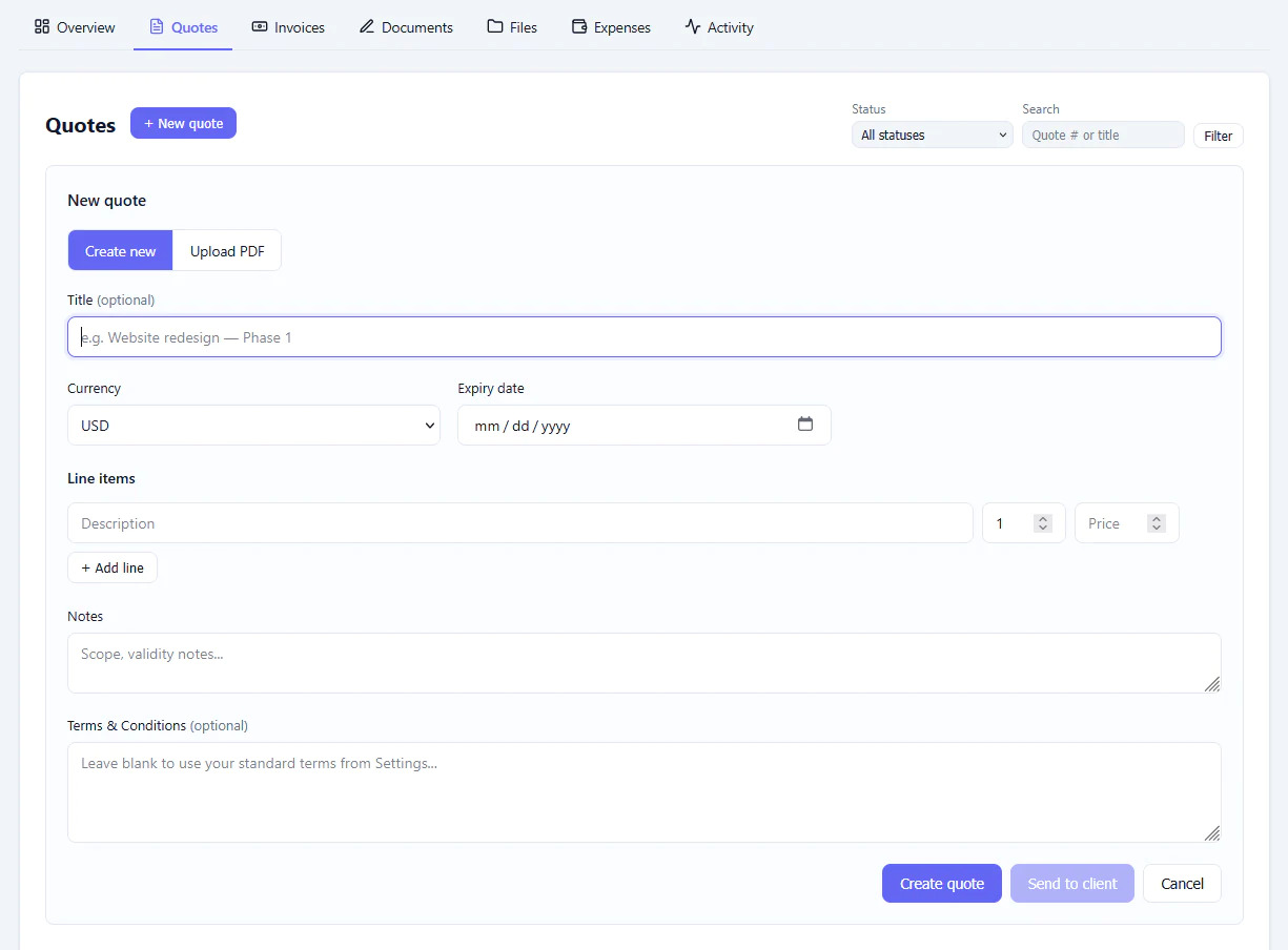 create quote on client portal