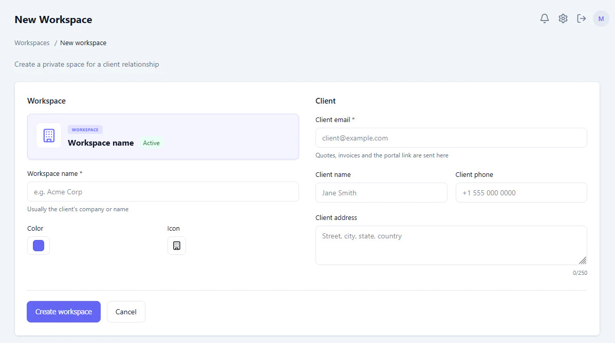 client portal create workspace